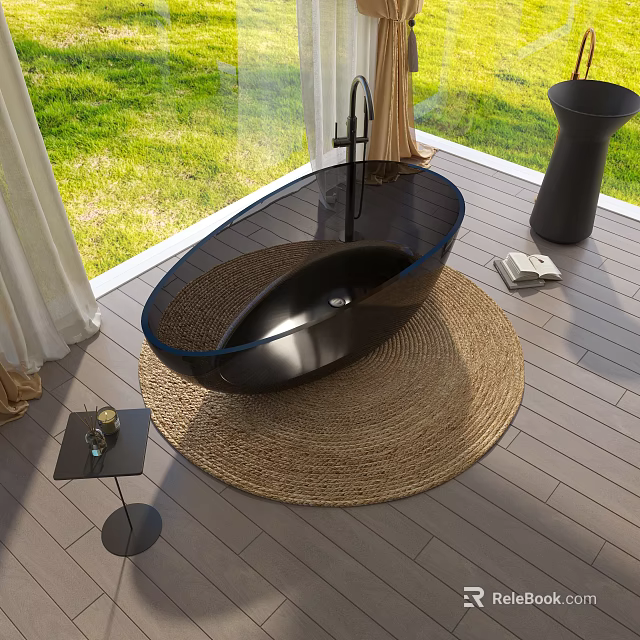 Stylish Black Bathtub On Woven Rug In Modern Bathroom 3d model 
