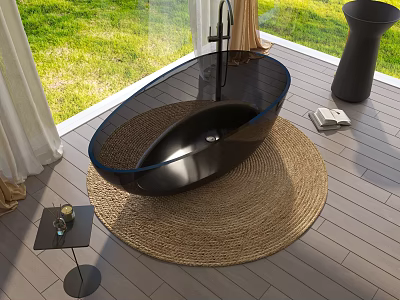 Stylish Black Bathtub On Woven Rug In Modern Bathroom 3d model