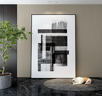 Stylish Interior With Black White Abstract Painting Green Plant Lying Dog And Vertical Striped Wall 3d model