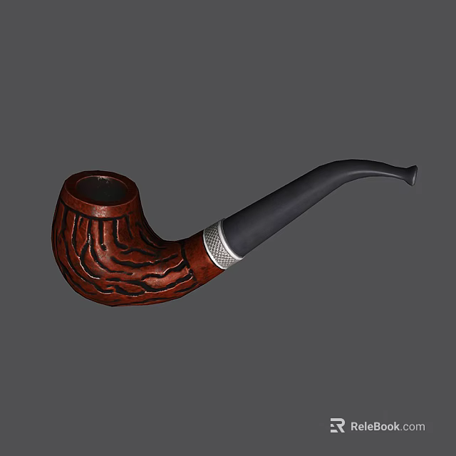 Decorative Ornament Set Featuring Wooden Pipe With Carved Texture Black Mouthpiece And Silver Ring 3d model 