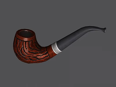 Decorative Ornament Set Featuring Wooden Pipe With Carved Texture Black Mouthpiece And Silver Ring 3d model
