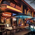 BBQ Beer Restaurant Exterior With Neon Lights Arched Windows And Outdoor Seating