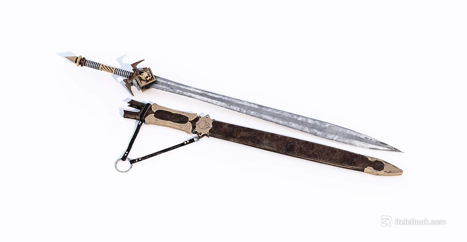 Medieval Weapon Sword With Ornate Hilt Leather Scabbard And Bladed Edge Design 3d model 