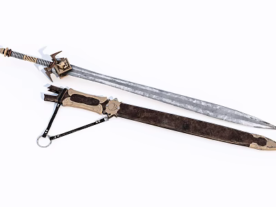 Medieval Weapon Sword With Ornate Hilt Leather Scabbard And Bladed Edge Design 3d model