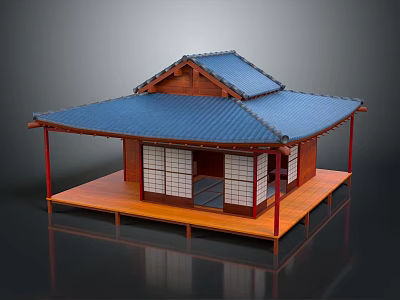 Traditional Japanese Building Model Featuring Blue Roof Wooden Structure And Shoji Doors 3d model
