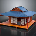Traditional Japanese Building Model Featuring Blue Roof Wooden Structure And Shoji Doors