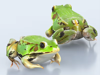 Two Green Aquatic Frogs Resting With Black Spots And Bright Eyes On White Background 3d model