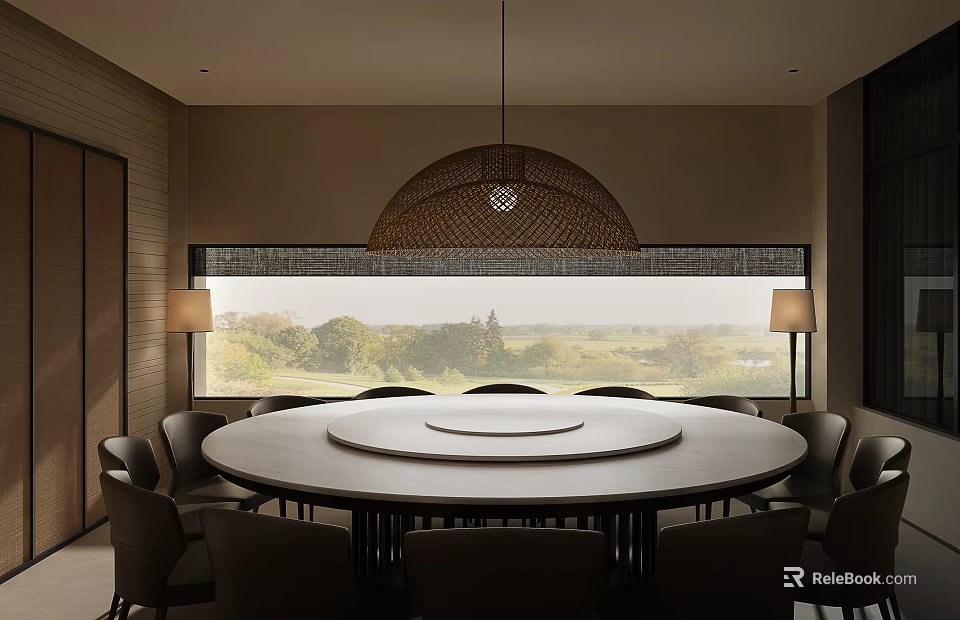 Private Dining Room Interior With Round Dining Table Woven Pendant Light And Scenic View 3d model