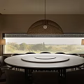 Private Dining Room Interior With Round Dining Table Woven Pendant Light And Scenic View 3d model