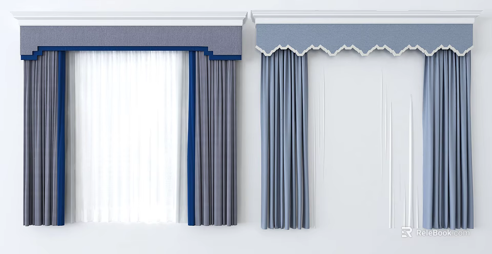 Light Blue Scalloped Valance And Dark Blue Thick Curtains With White Sheer Panels 3d model 