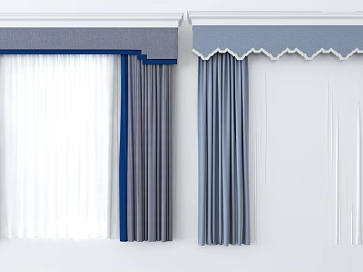 Light Blue Scalloped Valance And Dark Blue Thick Curtains With White Sheer Panels 3d model