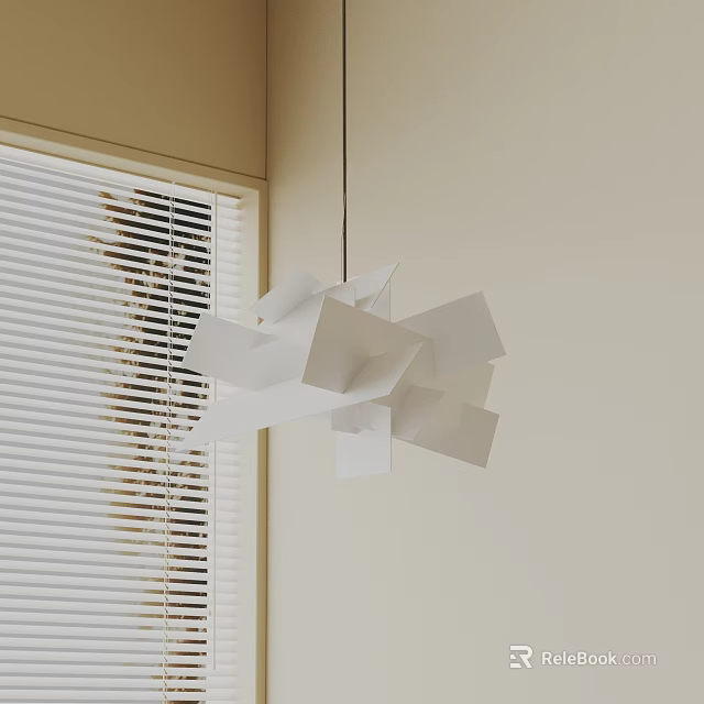 Modern White Geometric Pendant Light Hanging In Room With Window Blinds And Light Wall 3d model 