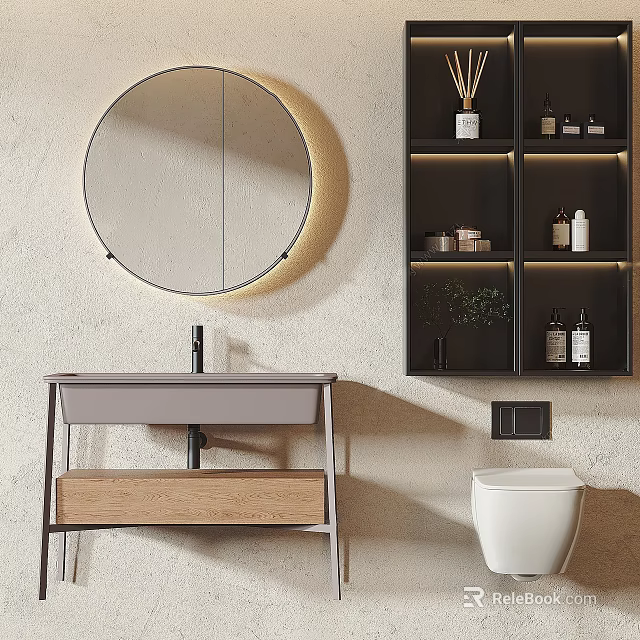 Modern Bathroom Washbasin Vanity With Round Backlit Mirror Wooden Drawer And Black Shelving 3d model 