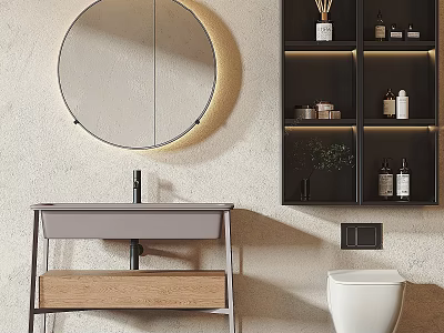 Modern Bathroom Washbasin Vanity With Round Backlit Mirror Wooden Drawer And Black Shelving 3d model