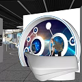 Modern Exhibition Space With White Sculptural Installation And Blue Accents