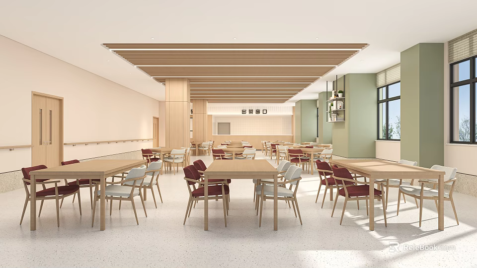 Restaurant Interior With Wooden Long Tables Red And Light Chairs Wooden Strip Ceiling And Windows 3d model 