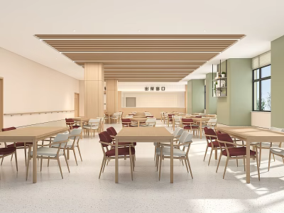 Restaurant Interior With Wooden Long Tables Red And Light Chairs Wooden Strip Ceiling And Windows 3d model