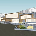 Modern Commercial Complex Architecture With Glass Facade Wooden Structure Geometric Ceiling And Green Lawn