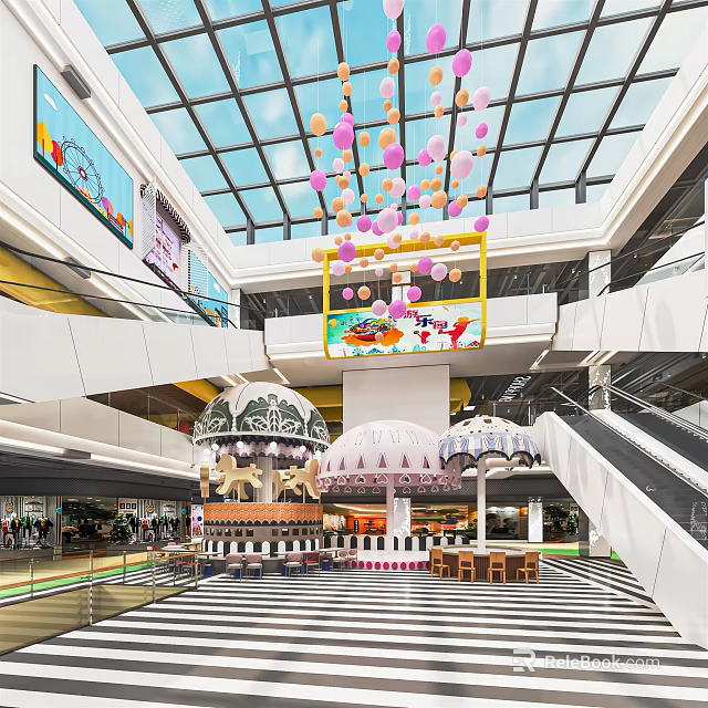 Shopping Mall Atrium With Glass Skylight Colorful Balloons Digital Screen Umbrella Structures And Striped Floor 3d model 