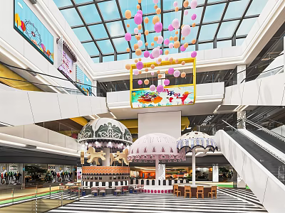 Shopping Mall Atrium With Glass Skylight Colorful Balloons Digital Screen Umbrella Structures And Striped Floor 3d model