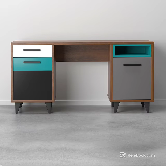 Modern Wooden Desk With White Teal Black Gray Drawers And Cabinet 3d model 