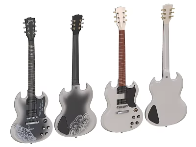 Four Electric Guitars With Diverse Body Designs Floral Patterns And Color Variations As Musical Instruments 3d model