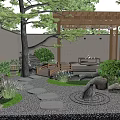 Tranquil Courtyard Garden With Stone Pathway Green Plants Water Feature And Wooden Pergola