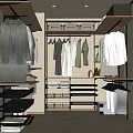 Modern Organized Walk In Closet With Hanging Clothes Shelves Drawers And Wooden Flooring