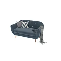 Blue Upholstered Multi Seat Sofa With Plaid Geometric Pillows Throw Blanket And Wooden Legs