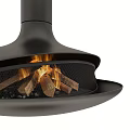 Modern Hanging Curved Metal Fireplace With Burning Wood Logs And Unique Design