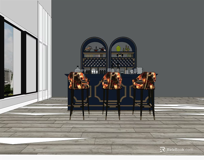 Modern Wine Cabinet Interior Design With Bar Stools And Decorative Items 3d model