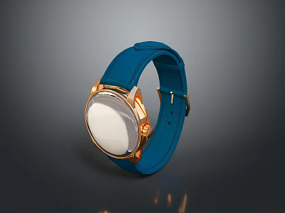 Stylish Blue Leather Strap Watch With Gold Accents And White Dial 3d model