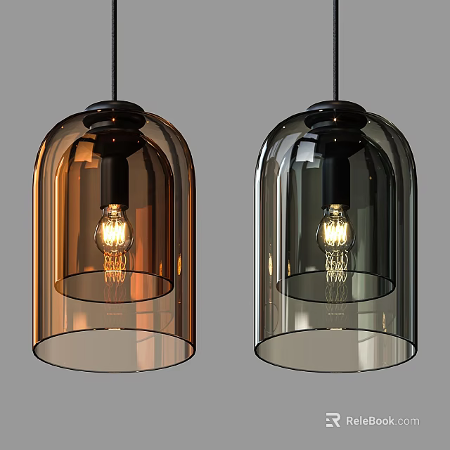 Modern Amber And Smoke Glass Shade Pendant Lights With Vintage Filament Bulbs 3d model 