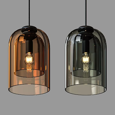 Modern Amber And Smoke Glass Shade Pendant Lights With Vintage Filament Bulbs 3d model
