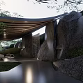 Modern Garden Landscape With Circular Water Feature Trees And Grassy Mounds