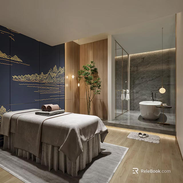 Elegant SPA Sauna Space With Massage Bed Deep Blue Walls Golden Mountain Decor And Bathtub 3d model 