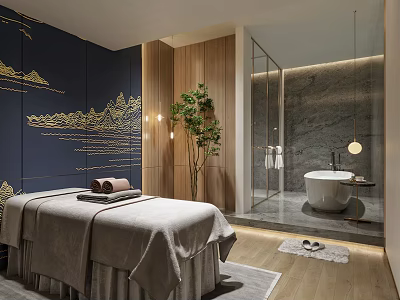Elegant SPA Sauna Space With Massage Bed Deep Blue Walls Golden Mountain Decor And Bathtub 3d model