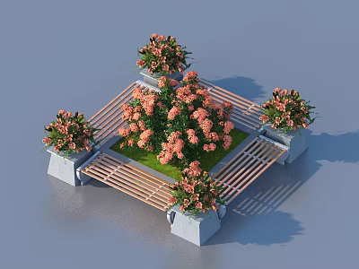 Ornamental Garden Display Featuring Orange Blossoms Wooden Benches and Square Stone Planters 3d model