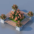 Ornamental Garden Display Featuring Orange Blossoms Wooden Benches and Square Stone Planters
