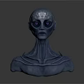 Game Movie Character Blue Head Sculpture With Glowing Purple Eyes Forehead Symbol Intricate Neck Design