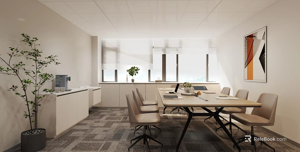 Modern Conference Room Interior Design With Long Table Chairs White Cabinets Large Windows And Plants 3d model 