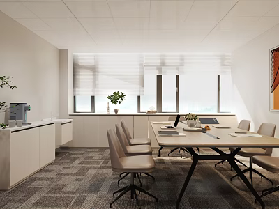 Modern Conference Room Interior Design With Long Table Chairs White Cabinets Large Windows And Plants 3d model