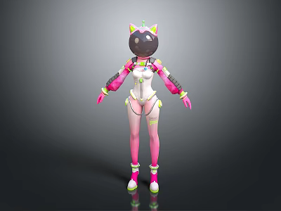 Game Or Movie Character With Cat Ears Black Head And Vibrant Pink White Outfit 3d model