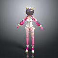 Game Or Movie Character With Cat Ears Black Head And Vibrant Pink White Outfit