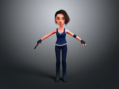 3D Female Character Model Wearing Blue Vest Black Pants Holding Gun With Black Gloves 3d model