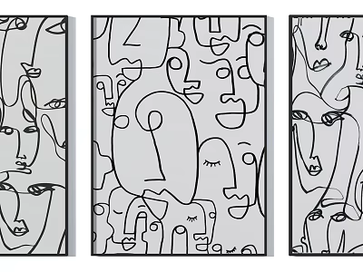 Abstract Line Art Portrait Paintings With Multiple Faces In Black And White 3d model