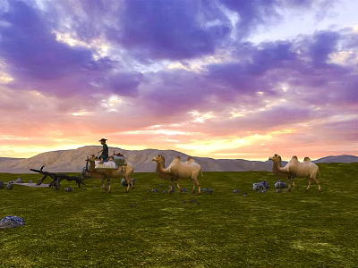 Reptile Lizard Basking On Green Grassland With Mountain Sunset Sky 3d model