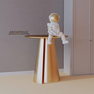Golden Conical Side Table With Astronaut Figurine By Gray Wall And White Door 3d model