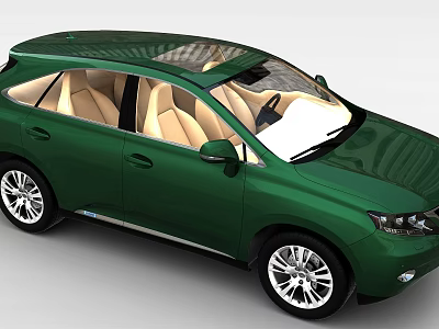Modern Tech Exhibition Hall Showcasing Green SUV With Beige Seats Sunroof And Silver Rims 3d model