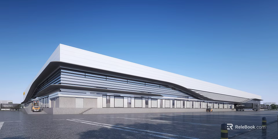 Modern Industrial Factory Building Exterior With Glass Curtain Walls And Spacious Parking Area 3d model 
